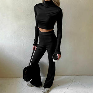 2026 ट्रेंडिंग उत्पाद लंबी आस्तीन उच्च गर्दन की फसल शीर्ष + फ्लेयर पैंट सेट दो टुकड़े सेट ठोस आकस्मिक 2 टुकड़ा Jogggggger योग सेट महिलाओं - Product Image 2