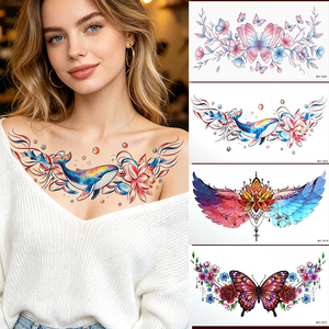 Tatuajes Temporales <span class=keywords><strong>de</strong></span> Alta Fidelidad con Diseño Artístico <span class=keywords><strong>de</strong></span> Ballena Azul y <span class=keywords><strong>Flor</strong></span> <span class=keywords><strong>de</strong></span> <span class=keywords><strong>Loto</strong></span> en Acuarela, Colores Degradados Vívidos para Espalda y Hombro - Product Image 1