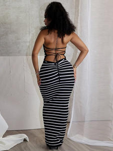 Women Sleeveless O-neck Halter Backless Floor-Length High Waist Breathable Summer Striped Print <b>Sexy</b> Night <b>Club</b> Party <b>Dress</b> - Product Image 3