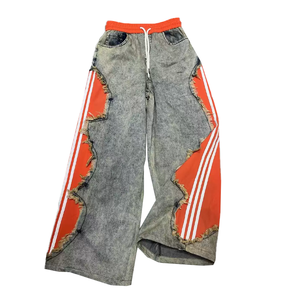 Jeans Anchos de Hip Hop al por Mayor para Hombre, Pantalones Largos Grises Lavados con Contraste Lateral y Efecto Desgastado, Estilo Urbano - Product Image 4