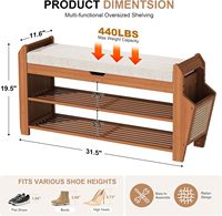 Banc à chaussures moderne rustique en bambou de 31,5 pouces à 3 niveaux avec coussin épais et paniers latéraux rabattables, capacité de 550 lb