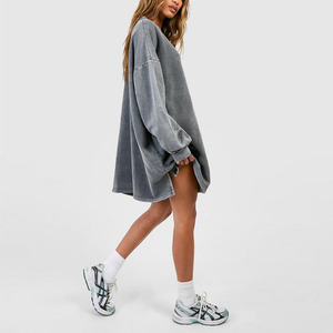 Acid Wash Oversized Sweat Dress Women Loose Blank Long Sleeve t Shirt Dress - Product Image 3