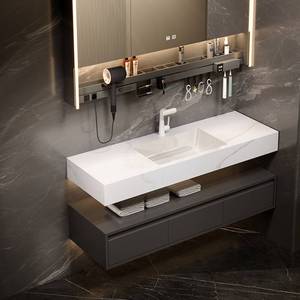 Hotel style intelligent LED <b>light</b> storage <b>mirror</b> cabinet, rock board integrated basin wall mounted bathroom cabinet - Product Image 6