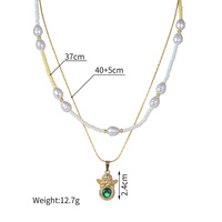 Joyería fina de moda, collar de perlas de cadena de capa de acero inoxidable, collar con colgante de ángeles de circón verde chapado en oro