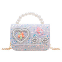 Elegante Bolso Bandolera Infantil con Asa de Perlas, Diseño Cuadrado de Dibujos Animados y Monedero en Forma de Corazón para Niñas