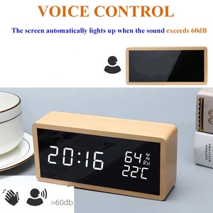 Bán buôn Tabletop LED tre Acrylic đồng hồ với nhiệt độ humidty 3 Báo động Điều khiển bằng giọng nói gỗ sáng làm cho lịch cho nhà - Product Image 5