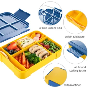 Produk baru 5 kompartemen Microwave kotak makan siang anak plastik anti bocor kotak Bento untuk sekolah dengan alat makan