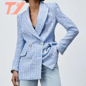 TUOYI Light blue blazer winter style fashion deep v neck office women ladies work wear slim textured check blazer jacket