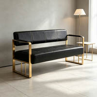 Canapé d'attente moderne pour salon, banc en cuir PU noir avec structure en métal doré pour salon de coiffure et centre commercial