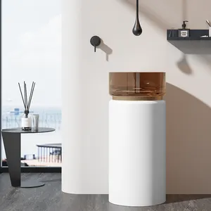 Modern Hotel Transparent Bathroom white tawny clear Wash Basin crystal resin round Pedestal Sink with Floor-Standing Drainer