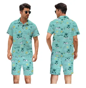 Chaoqi marca atacado camisas havaianas de alta qualidade personalizadas com estampa de férias camisa floral masculina e conjunto curto