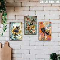 Plaque murale en métal style vintage vieilli avec abeille et fleurs sauvages en aquarelle pour patio et jardin