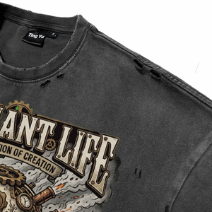 Camiseta de algodón vintage para hombre con cuello redondo, lavado ácido, efecto desgastado, gráfico de calavera mecánica punk con estampado de letras, estilo oversize streetwear - Product Image 6