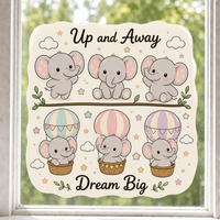 Autocollants personnalisés imperméables en PVC vinyle, autocollant décoratif électrostatique pour fenêtre, imprimé UV, motif éléphant kawaii avec ballon