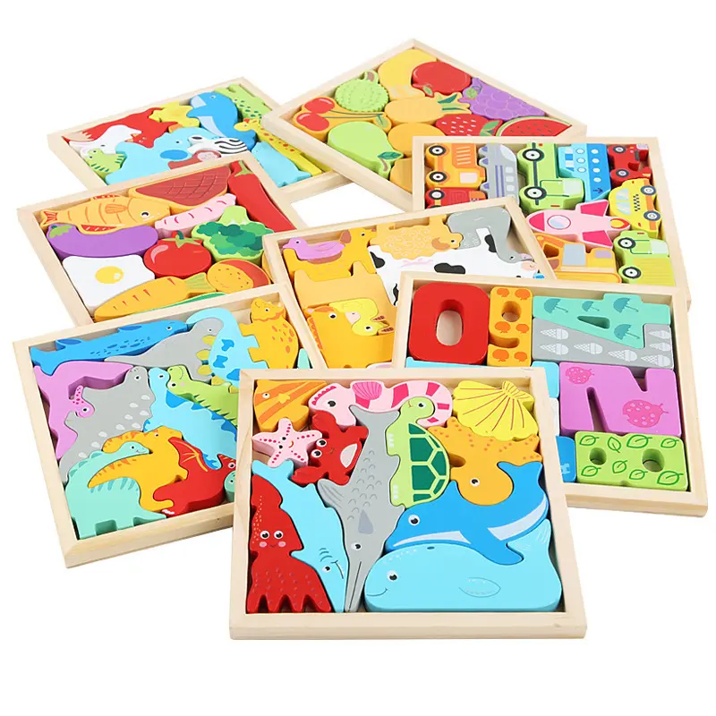 Planche puzzle 3D en bois pour enfants, jouet avec des animaux de dessin animé, pour le transport de fruits et légumes