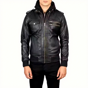 Chaqueta de Cuero Genuino Negra para Hombre con Capucha, Doble Cremallera, Epaulettes, Bolsillos con Solapa, Estilo Biker Bomber de Piel de Oveja, Abrigo de Invierno Personalizado - Product Image 1