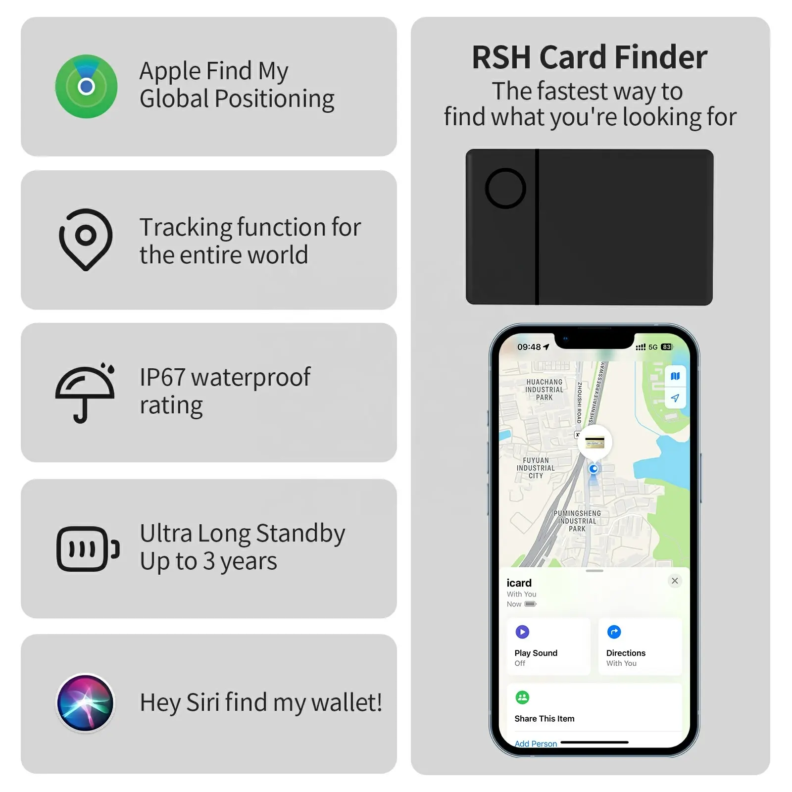 RSH Wallet Tracker Card Finder MFi Certified Ultra Thin Bluetooth Track Tag Luggage Smart Item Locator Works with Apple Find My