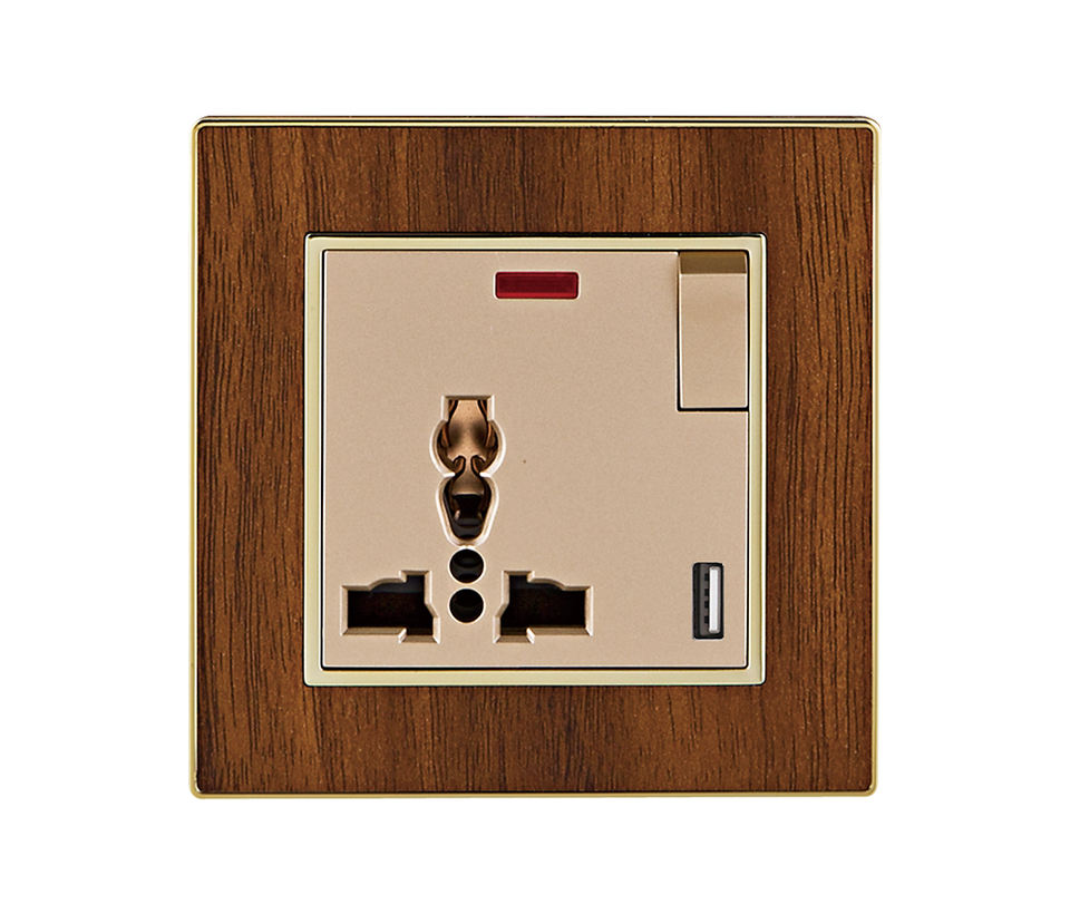 China Factory Direct Sale Uk Standard Gold Acrylic Wood Grain Panel New Design 2 Gang 2 Usb Wall Switch and Socket With Neon