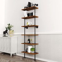 Estante de Pared Industrial de 6 Niveles, Negro, con Tubos Metálicos y Madera Rústica, Estantería Tipo Escalera, Decorativa, para Hogar u Oficina