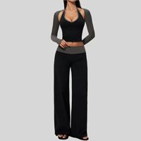 Nouvel arrivage très demandé : Ensemble de sport trois pièces pour le yoga, comprenant une tunique à manches longues, col en V, color-block, taille haute et effet ventre plat