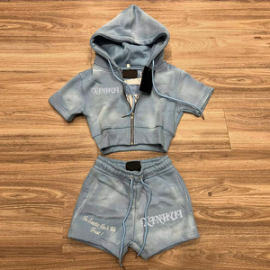 Custom 2 Piece <strong>Cotton</strong> Zip up Pink Cropped Top Acid Wash Jogger Sweatsuit Tracksuits Embroidered Hoodie and Short Set Women - Product Image 6