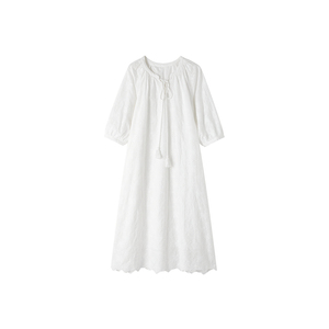 Demana French Style Cotton Dress Women Summer Lace Embroidery Tie Up Ruffle Long Skirt - Product Image 4