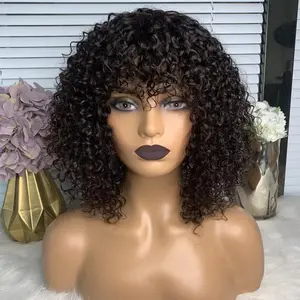 Wholesale Remy Brazilian Virgin Human Hair 180% Density Glueless Bob With Bangs Human Hair Wig Short Curly Bob Machine Made Wig