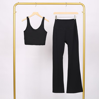 Ensemble de yoga 2 pièces pour femme, respirant, effet seconde peau, avec soutien-gorge de sport push-up à maintien renforcé et effet embellissant le dos, et pantalon évasé, tenue d'entraînement