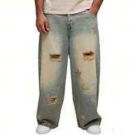 Pantalon Scimitar en jean délavé et brodé décontracté pour homme, style street punk, coupe ample, jambe large, patchwork, jean baggy
