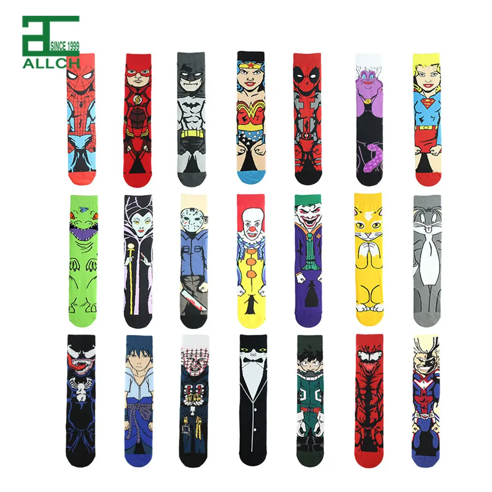 ALLCH Wholesales Cheap Stock Straight Cotton Casual Colorful Anime Character Cartoon Male Socks Men Tube Comic Hero Socks