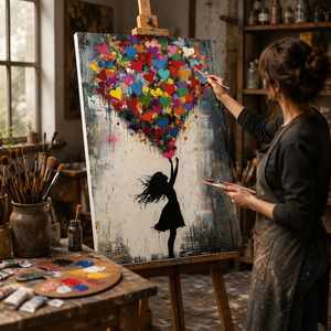 Handgemachtes Ölgemälde mit Herzballon-Mädchen, Art <span class=keywords><strong>Deco</strong></span>, 450 GSM Baumwoll-Leinwand, Gerahmte Wandkunst, Kindergeschenk, Heimdekoration - Product Image 3