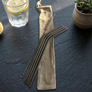 Reusable Metal <b>Drinking</b> <b>Straws</b> 4-Pack Minimalist Bar Accessories with Cleaning Brush in Cotton Bag - Product Image 3