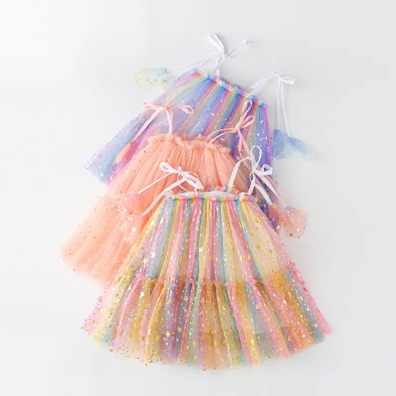 Girls Summer Fluffy Dresses Baby Kids Sweet Mesh Sequin Stars Tutu Toddler Lace Up Halter Dress