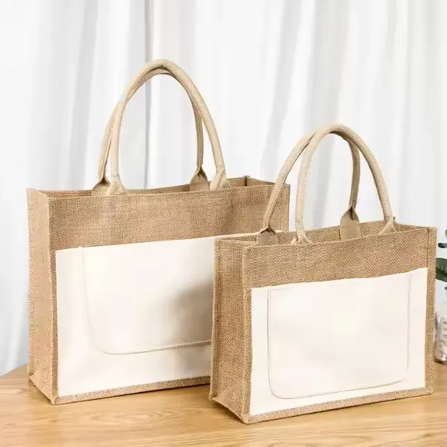 Vendita calda all'ingrosso semplice borsa Shopper di iuta stampata su misura grande stile naturale Eco Friendly juta Shopping Bag con Logo