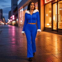 Ensemble de vêtements décontractés personnalisés Y2k, col en fourrure, strass, sweat-shirt à fermeture éclair en deux parties, pantalon évasé, pour femmes