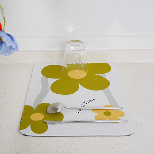 <b>Kitchen</b> Countertop Absorbent Mat 20x30cm 30x40cm Square Drain Placemat For Dish Drying Splashproof Yellow Green Flower Design - Product Image 3