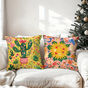 Vibrant floral and animal themed throw pillows decorate cozy living room sofa with festive holiday stockings in background - Product Image 3