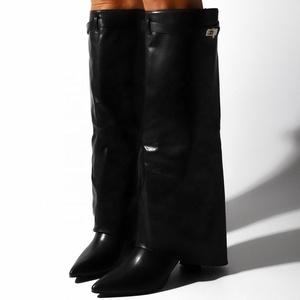 Women Solid Long <b>Boots</b> Fashion Overlay Pointy Toe Knee High Booties for Teens Autumn Winter High Chunky Heels Shoes - Product Image 4