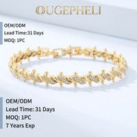 OUGEPHELI OUGEPHELI Bracelet à maillons en argent 925 plaqué or, testé au diamant, VVS1 D Moissanite, avec perles torsadées en forme de vague