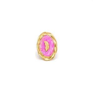 Bague tendance en acier inoxydable 316L plaqué or PVD, émail rose, motif plume, forme ovale, bijou statement - Product Image 2