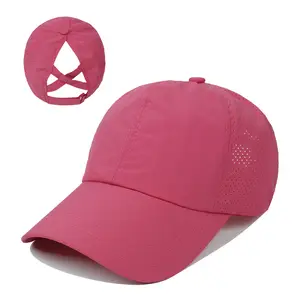 2024 Sommer Damen Baumwolle Pferdes chwanz Baseball Cap Wasserdicht Trucker Dad Hut Stickerei Logo Benutzer definierte Messy High Bun Solid Color