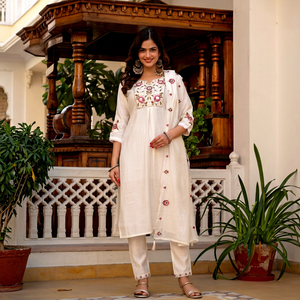 Conjunto de kurta de corte recto con bordado blanco para mujer, con pantalón y dupatta - Product Image 1