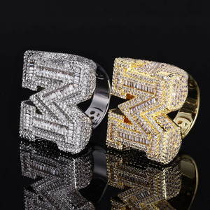 Custom Fashion Shiny Copper 18K Gold Plated <b>Initial</b> M Letter Micro Pave Baguette Zircon Hip Hop <b>Ring</b> - Product Image 3