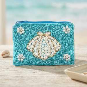 Handmade Beaded <b>Coin</b> Purse Embroidered Zipper Pouch Square Fashion Blue Shell Pattern Daily Use - Product Image 2