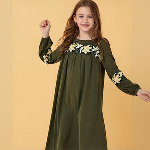 Abiti Casual Musulmani per Bambine con Ricamo Turco Verde a Maniche Lunghe per Abbigliamento Islamico - Product Image 1