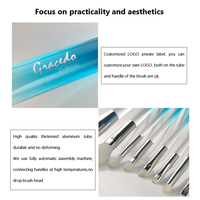 Gracedo – Lot de 8 pinceaux de maquillage professionnels en soie de cristal blanche avec manche en plastique transparent dégradé bleu cœur océanique, également utilisables comme pinceau de rasage