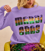Pull en tricot pour femme avec broderie de lettres en sequins Mardi Gras, col rond, épaules tombantes, coupe ample, grande taille