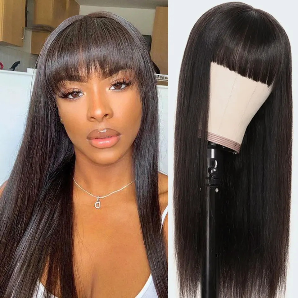 Cheap Straight Wig With Bangs Blonde Wig With Bangs Natural Long Straight Brazilian Human Hair Wigs Machine Made Glueless Fringe
