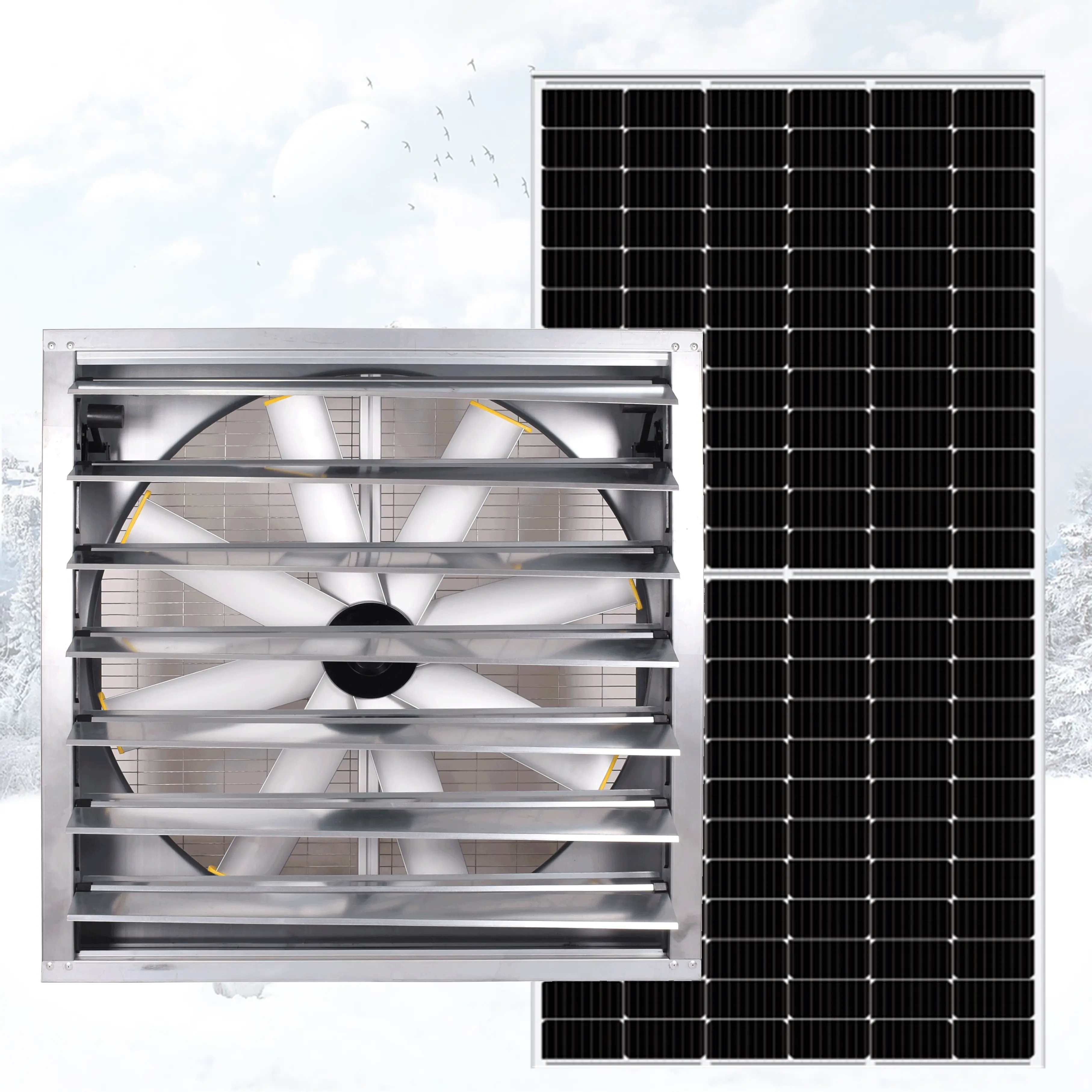 Tipo de alta presión 440W Solar DC Escape de calor Ventilación de techo 1220mm Caja gigante Soplador de aire Ventilación Montado en la pared 48 ''Ventilador de flujo axial