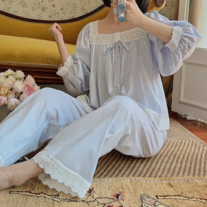 Conjunto de Pijama de Algodón con Cuello Cuadrado y Pliegues Acordeón, Estilo Retro Elegante, Manga Larga, para Mujer, Primavera-Otoño, Nuevo, Holgado y Dulce - Product Image 4